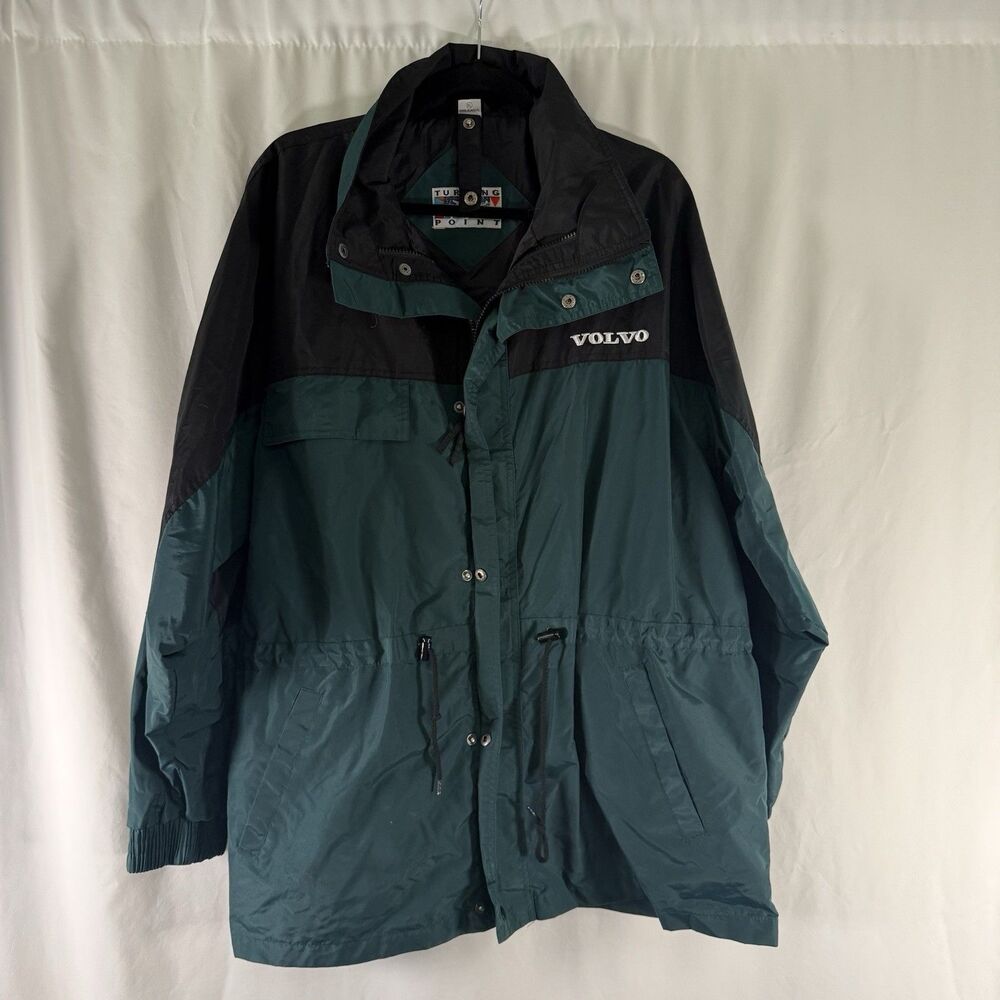 VOLVO Jacket Men's XL Green Full Zip Snap Pockets Drawstring Turning Point Nylon